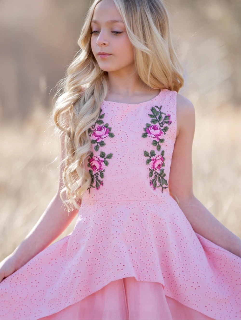 Joyfolie Pink Floral Embroidered Layered Dress - Picture 3 of 7